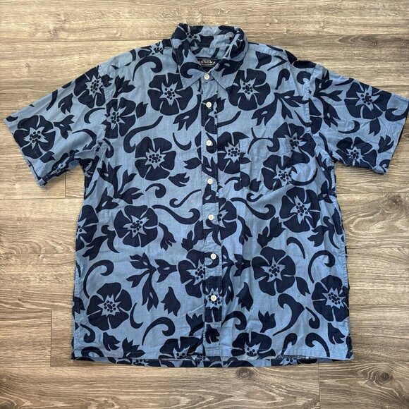 Sonoma Mens L Hawaiian Button Down Shirt Blue Aloha Tropical Camp Beach Flowers - Picture 1 of 14